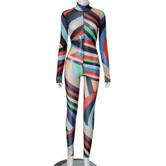 High neck long sleeve ruffle sheer mesh print jumpsuit
