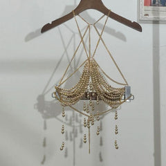 Metal chain beaded hollow out backless cut out top