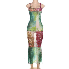 Sheer mesh ruffle square neck print tank maxi dress