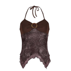 Ruched buckle print mesh ruffle cami top