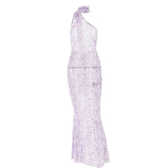 Halter one shoulder leopard print sheer mesh maxi dress-final-sale
