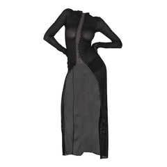 Long sleeve hollow out mesh solid cut out maxi dress