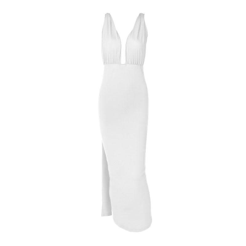 Ruched backless slit ribbon v neck knotted solid maxi dress-final-sale
