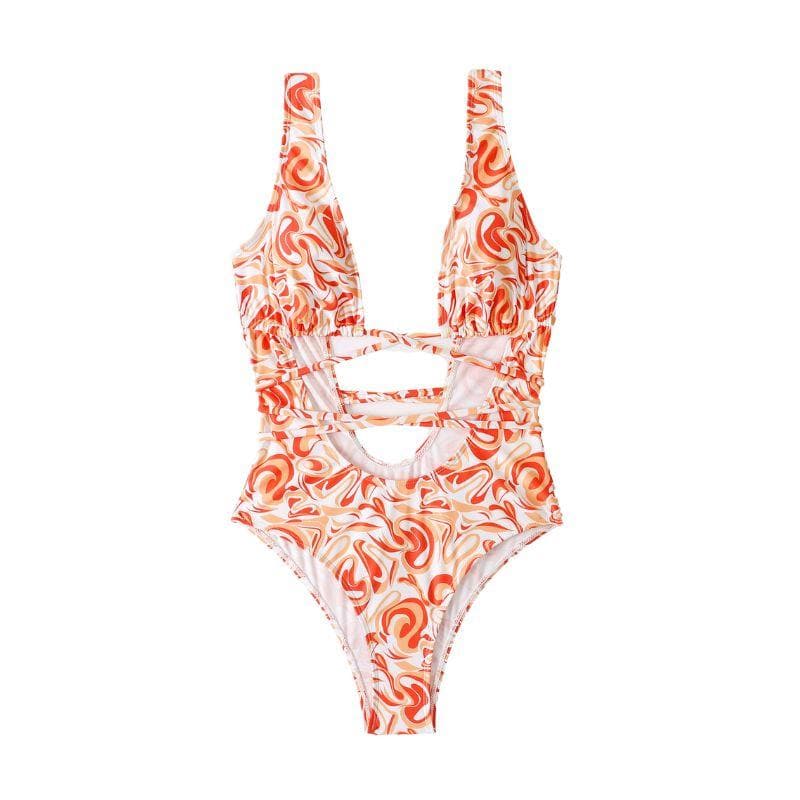 Low cut contrast print self tie hollow out one piece swimwear