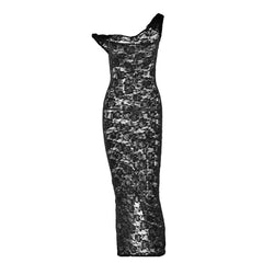 Irregular lace slit see through solid midi dress-final-sale