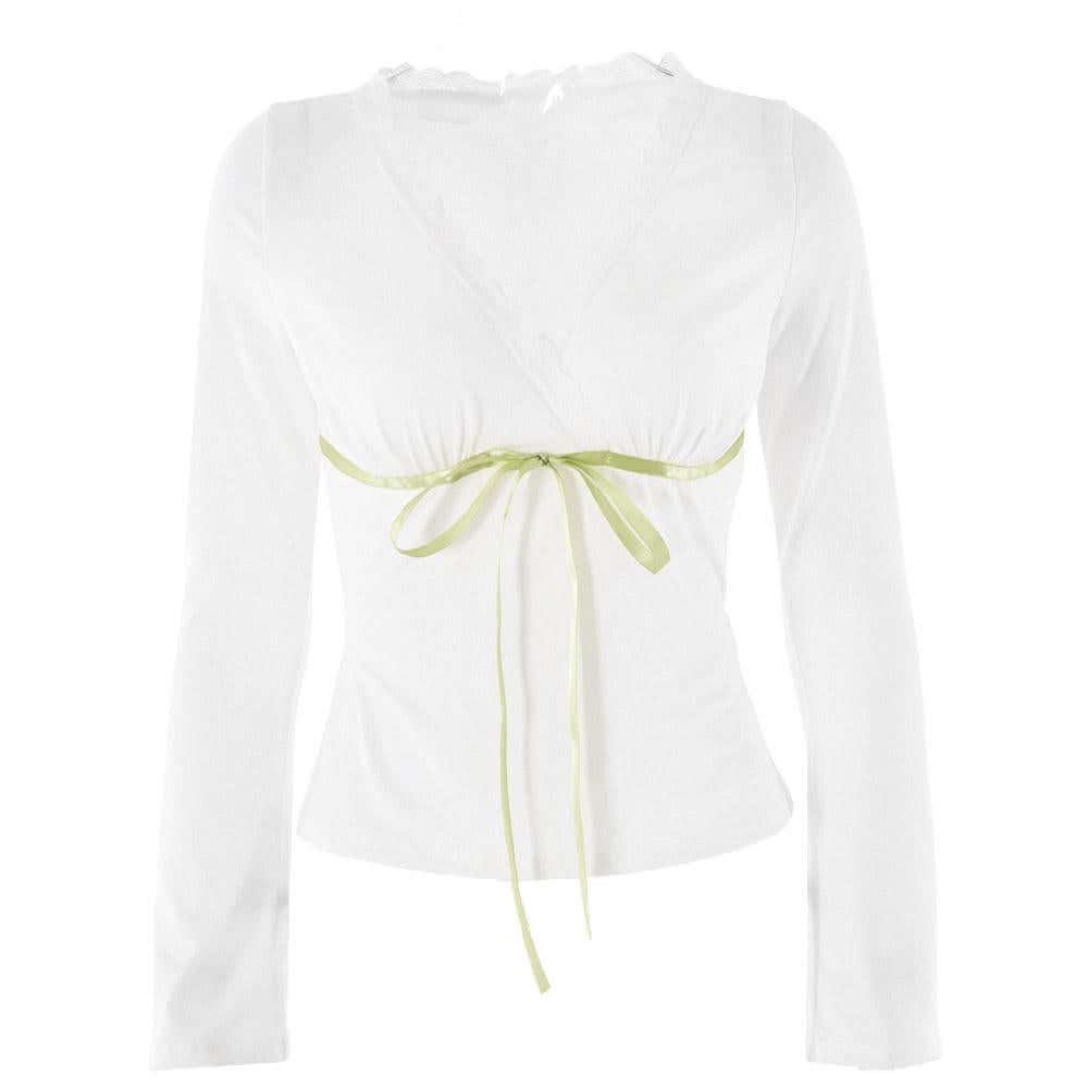 Lace hem long sleeve v neck ribbon ruched top