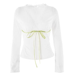 Lace hem long sleeve v neck ribbon ruched top