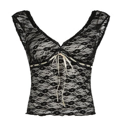 Cap sleeve v neck lace knotted backless top