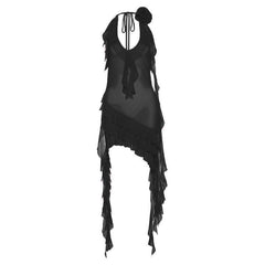 See through halter sheer mesh ruffle flower applique mini dress-final-sale