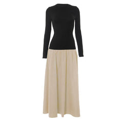 Long sleeve crewneck patchwork ruched maxi dress