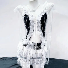 Lace hem self tie bowknot skull applique top