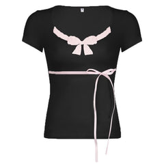 Short sleeve u neck bowknot lace hem top