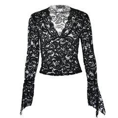 Flared sleeve v neck lace see through solid top-final-sale
