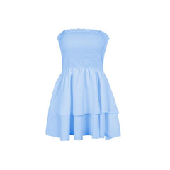Smocked backless ruched ruffle tube mini dress