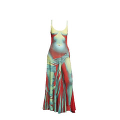 Body pattern u neck ruffle backless contrast cami maxi dress-final-sale