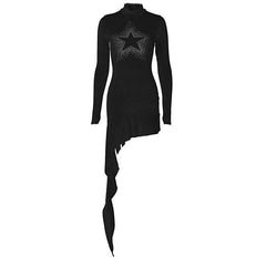 Star pattern beaded irregular long sleeve high neck ruffle mini dress-final-sale