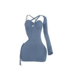 Irregular long sleeve hollow out o ring cut out mini dress