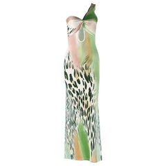 One shoulder leopard print ruched hollow out cut out midi dress