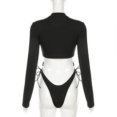 High neck long sleeve hollow out self tie bodysuit