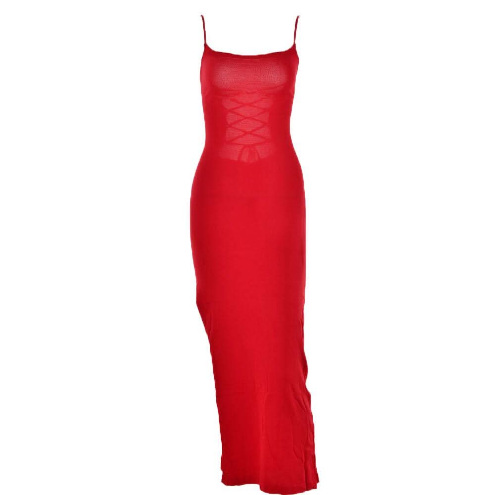 Lace up square neck slit solid backless cami maxi dress-final-sale