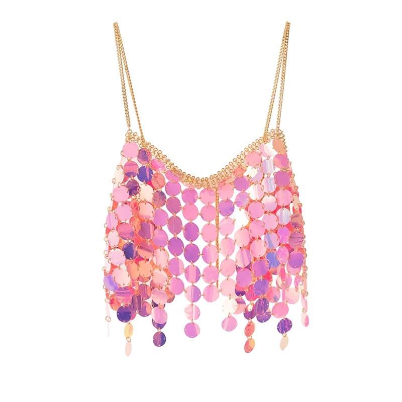 Metal chain glitter v neck hollow out cami cut out top