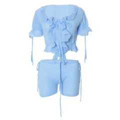 Short sleeve ruffle knitted drawstring ruched pant set-final-sale