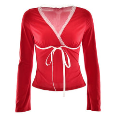 Lace hem long sleeve v neck ribbon ruched top