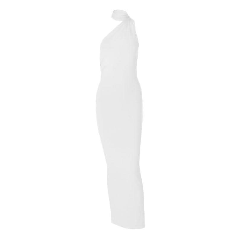 Ruched contrast backless one shoulder ribbon 2-way maxi dress-final-sale