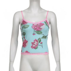 Lace hem flower print v neck contrast mesh top-final-sale