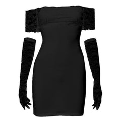 Off shoulder gloves patchwork lace mini dress-final-sale