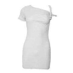 Short sleeve one shoulder ruched solid mini dress-final-sale