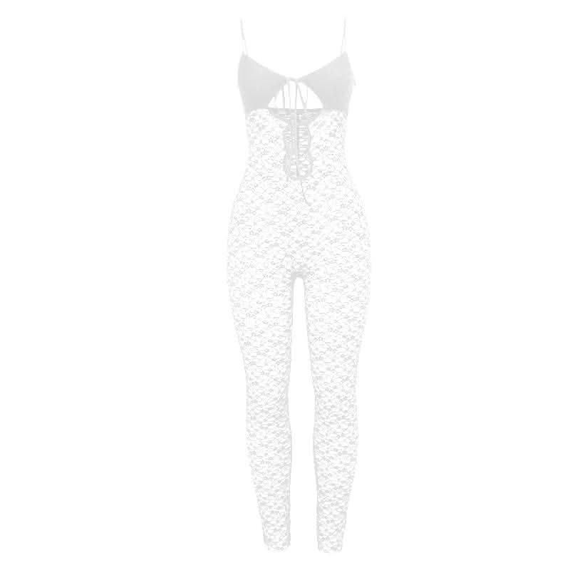 V neck hollow out solid lace cami jumpsuit-final-sale