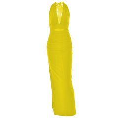 Halter deep v neck slit backless ruched maxi dress