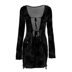 Long sleeve contrast print self tie ruffle mini dress-final-sale