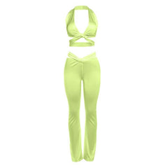 Halter v neck cross front backless hollow out pant set