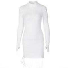 Long sleeve gloves solid drawstring high neck mini dress-final-sale