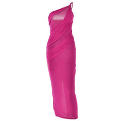One shoulder irregular patchwork slit cami maxi dress