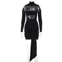 High neck long sleeve ruched hollow out cut out mini dress