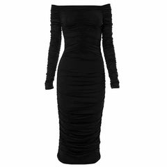 Off shoulder long sleeve ruched solid midi dress-final-sale