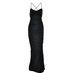 Satin solid lace up cross back v neck low cut maxi dress