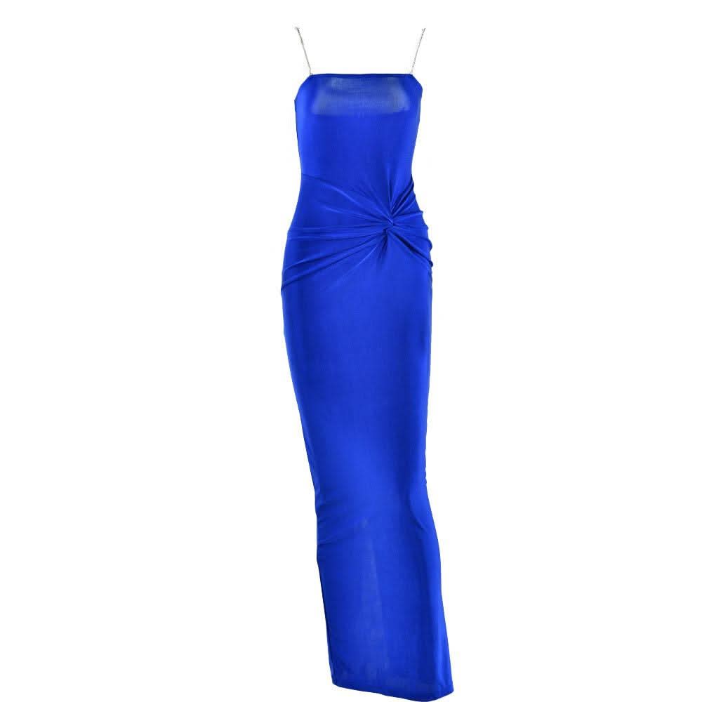 Metal chain square neck slit solid knotted maxi dress-final-sale