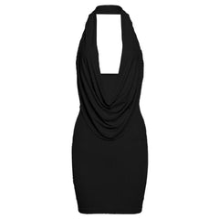 Halter cowl neck beaded low cut mini dress