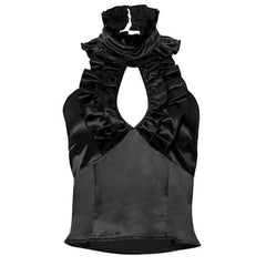 Halter ruffle ruched satin backless top-final-sale