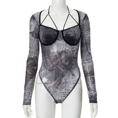 Long sleeve halter letter print button mesh bodysuit