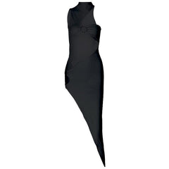 One shoulder high neck o ring irregular midi dress
