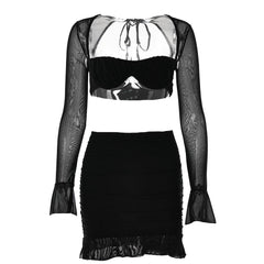 Mesh hollow out solid ruffle long sleeve ruched mini skirt set