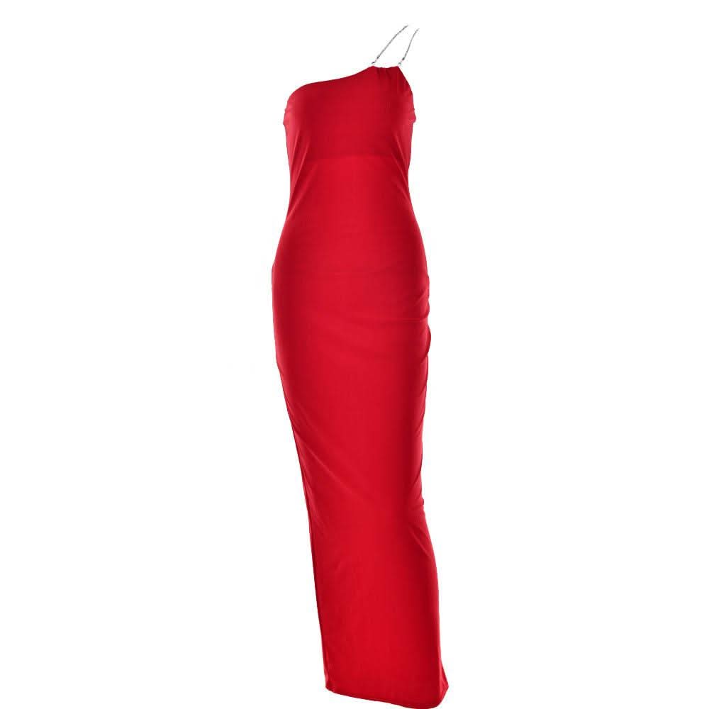 Metal chain one shoulder solid slit maxi dress-final-sale