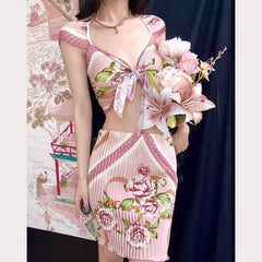 Bowknot ruffle ruched contrast flower print top