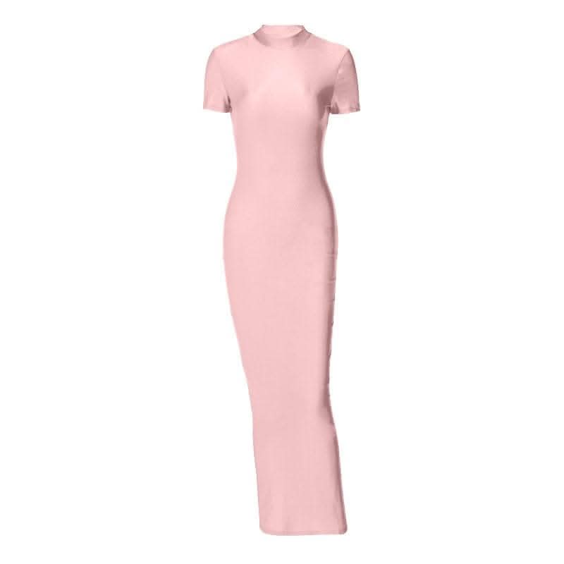 Short sleeve high neck slit solid maxi dress-final-sale