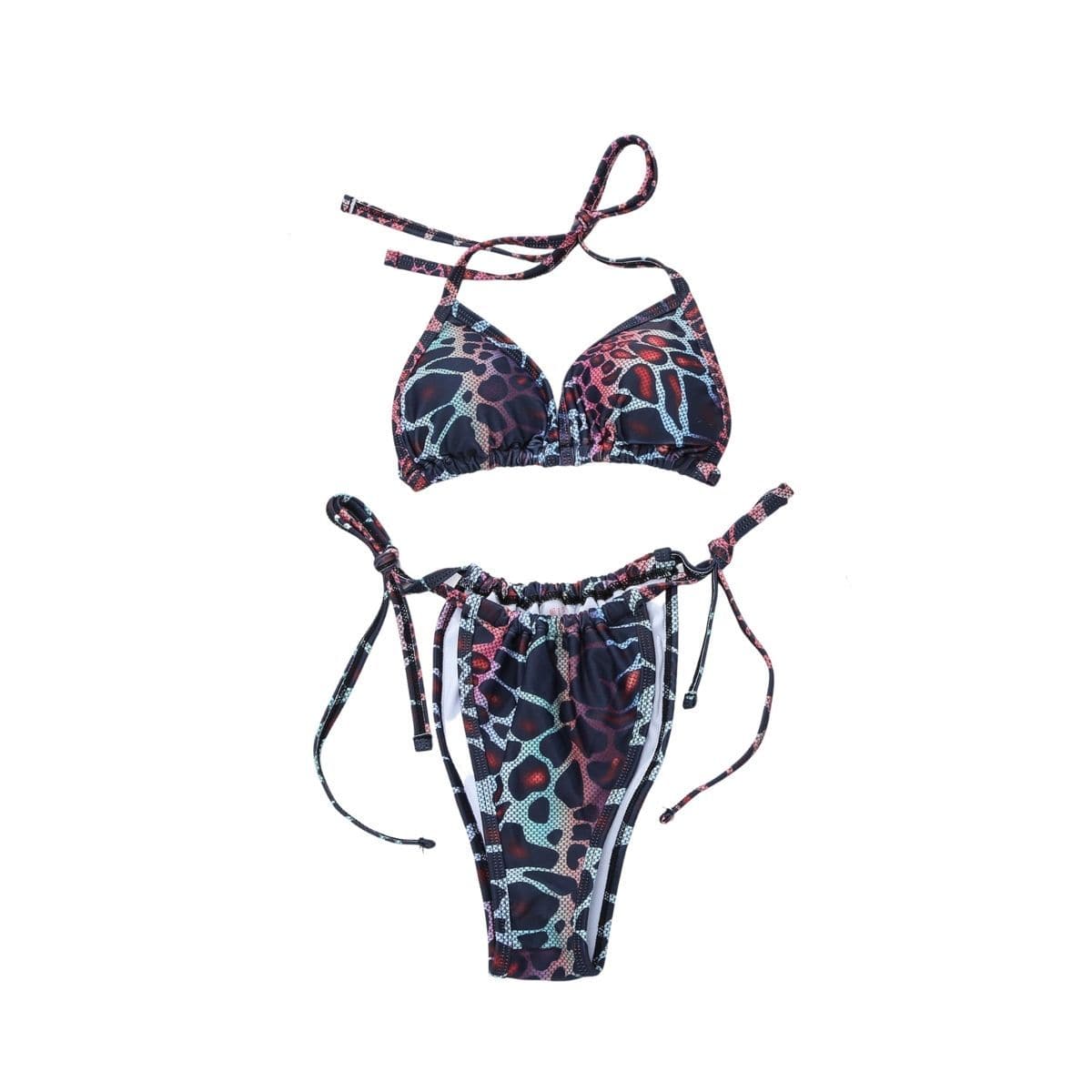 Leopard print contrast self tie halter backless ruched bikini swimwear